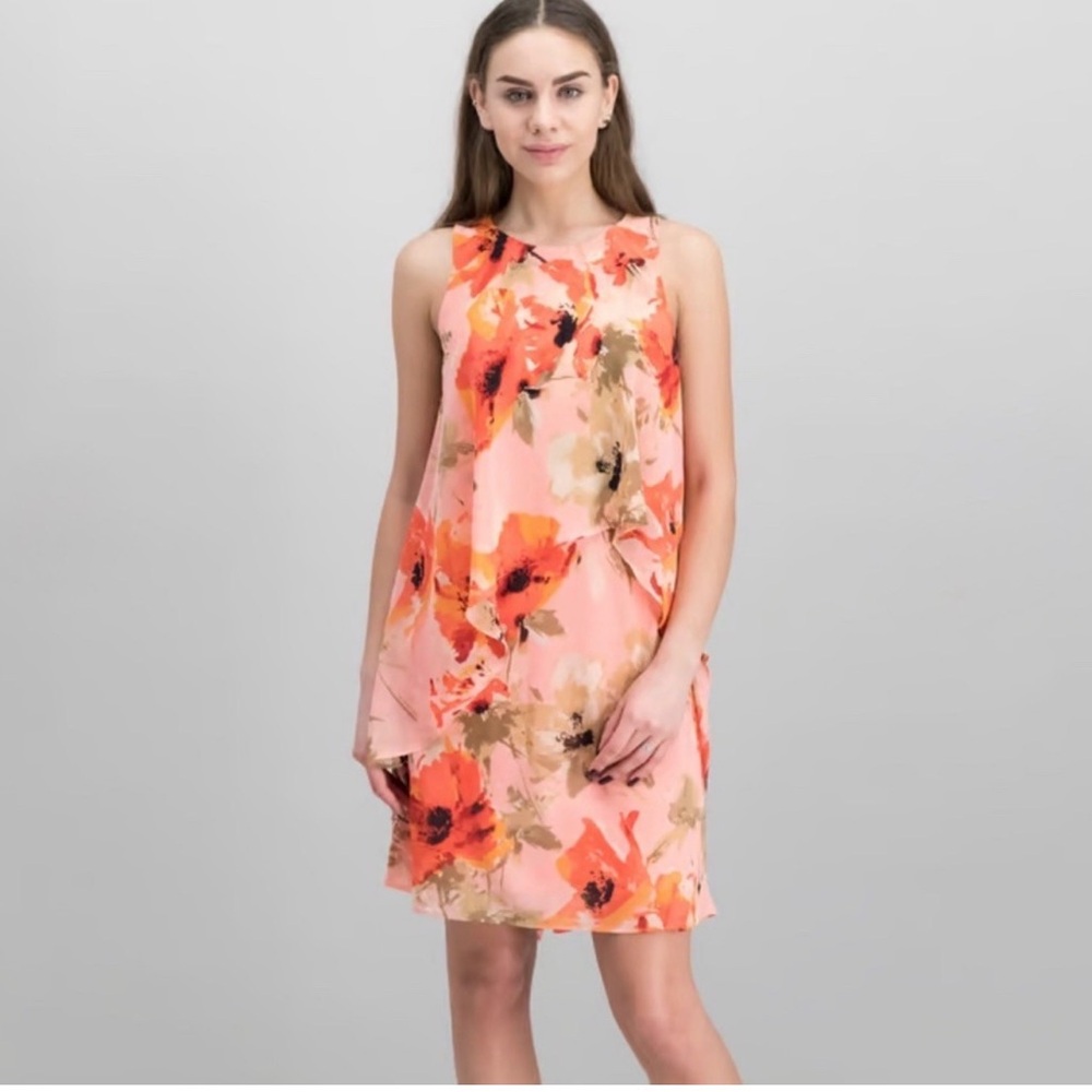 Ralph Lauren Peach Pink & Orange Floral Sleeveless Mini Dress